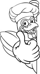 A chicken chef hat cartoon rooster cockerel bird mascot peeking around a sign with copy space