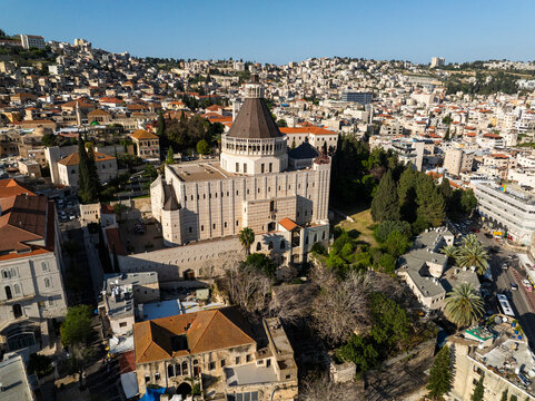 Aerial view of the historic basilica and scenic rooftops in the beautiful cityscape of Nazareth, Northern District, Israel.