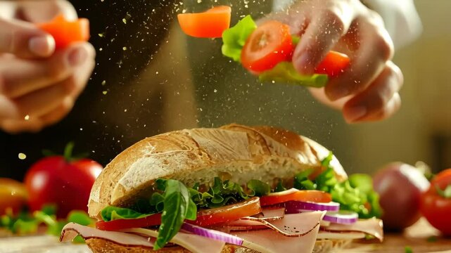 Meticulously crafting sandwiches with a thoughtful balance of ingredients for a visuallyappealing and delicious outcome.