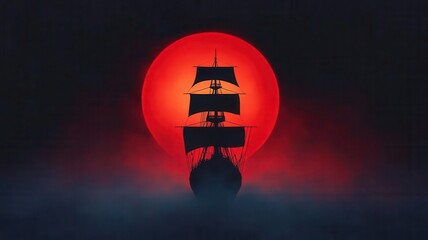 Ghostly pirate ship, skeleton crew glowing under the moonlight, eerie mist, Watercolor style