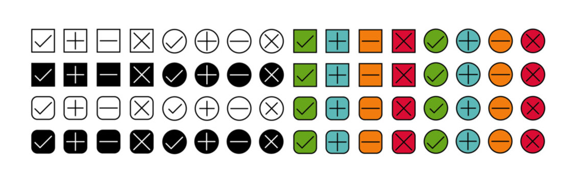 Powerpoint and slides symbols: Checkbox, Cancel, Plus, Minus, Substract, Add, Confirm, Remove. Colors: Black and white + Colored