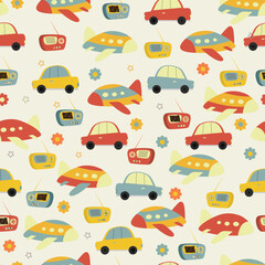 Radio, car and plane with seamless pattern.