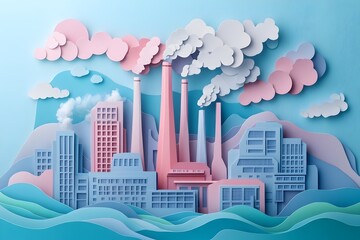Obraz premium Stunning Papercut of an Industrial Plant Skyline with Smoke Stacks and Geometric Buildings