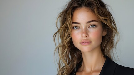 Naklejka premium Elegant portrait of a woman with natural makeup and wavy hair against neutral background