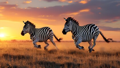 Majestic zebra horse racing through a sunlit field at dusk