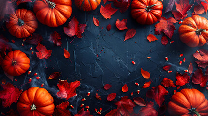 Black Background Flat Lay with Pumpkins and Leaves for Halloween Holiday 