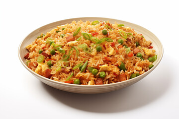 Fried rice on white background. Fried rice themes. Asian cuisine themes. Asian restaurant. Paella cooking. PNG cut out. Image for graphic designer. Image for flyers.


