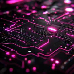 Close-up of a Futuristic Circuit Board with Glowing Pink Lines