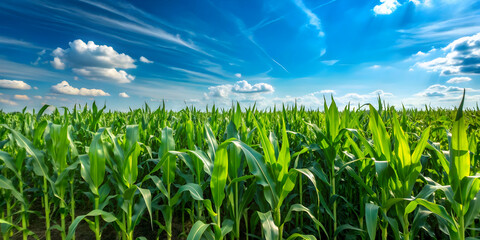 Vibrant green corn field under a clear blue sky, agriculture, growth, farm, rural, landscape, summer, nature, crop