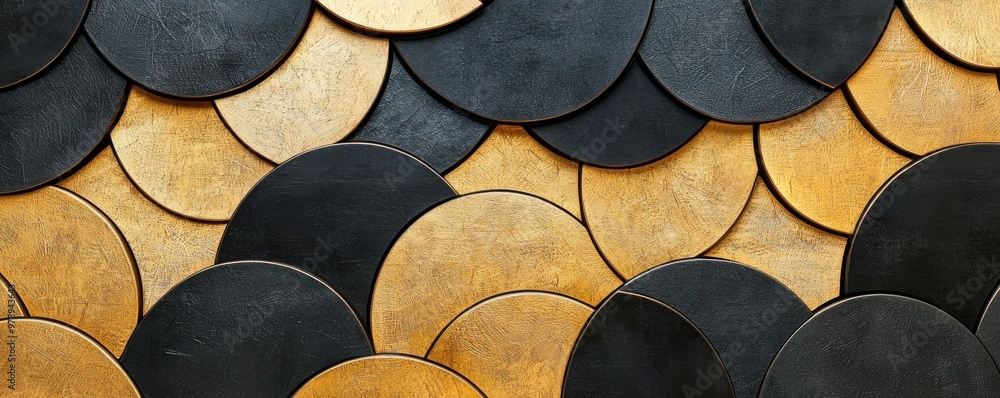 Poster abstract pattern of circular shapes in black and gold, showcasing modern design elements suitable fo