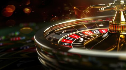 Fortune banner, spinning roulette wheel, ample text space, casino-themed dark backdrop, neon accents, soft glow. 