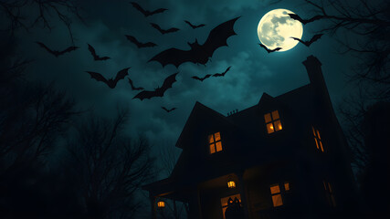 Close-up of a haunted house at night with bats flying around, a full moon, and eerie Halloween lights casting shadows, space for text in the sky. Generative AI