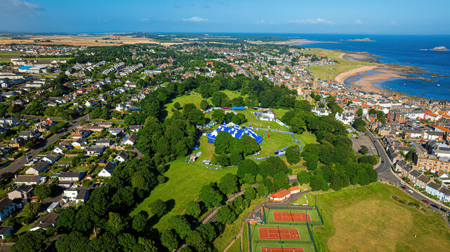 Aerial view of the scenic Fringe by the Sea Festival 2024 with festival tents and coastal landscape, North Berwick, United Kingdom.