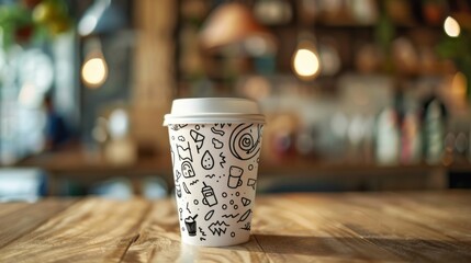 Decorative coffee cup on wooden table in cozy caf&eacute; setting. Concept of beverage, relaxation, and creativity