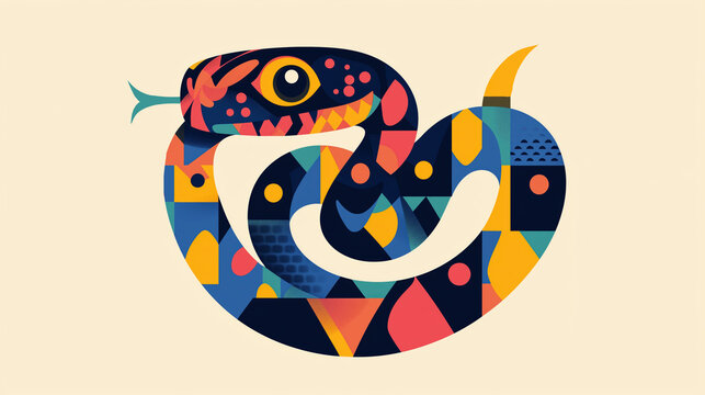 Simple snake illustration vector art. Flat design with geometric shapes. Stylized snake 2D graphics. Snake digital art. Smooth color background.