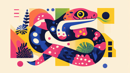 Fototapeta premium Simple snake illustration vector art. Flat design with geometric shapes. Stylized snake 2D graphics. Snake digital art. Smooth color background.