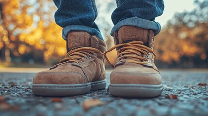 Closeup of Brown Boots with Jeans on Gravel Path in Fall