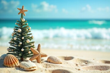 Christmas tree with starfish and shells on a sandy Caribbean beach