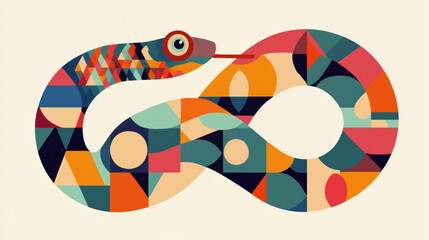 Simple snake illustration vector art. Flat design with geometric shapes. Stylized snake 2D graphics. Snake digital art. Smooth color background.