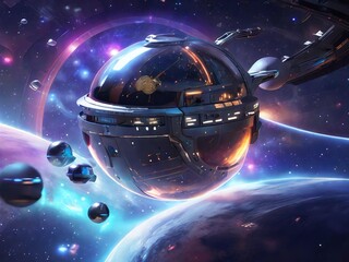 Advanced AI in a space exploration scenario, controlling a futuristic spaceship, surrounded by holographic star maps and celestial bodies.