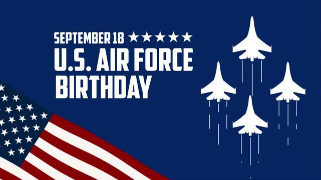Animation footage of a US Air Force birthday jetliner against background United States flag. Suitable for opening video official broadcasts or regular annual events. 4k footage air force background
