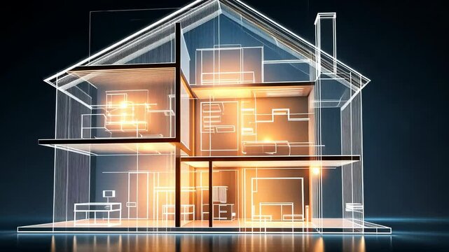 3D holographic blueprint of modern two-story house with glowing interior rooms, transparent walls revealing floor plan and furniture layout. Futuristic architectural visualization