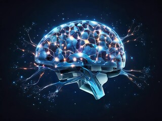 AI mind with glowing, transparent brain cells, visualized as clusters of connected neurons processing data and evolving intelligence.