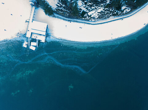 Aerial view of the crystal clear lake Lago Di Braies, Prags, Trentino-Alto Adige, Italy