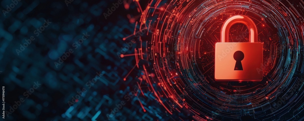 Poster a digital padlock symbolizes security in a futuristic data environment, representing protection and 