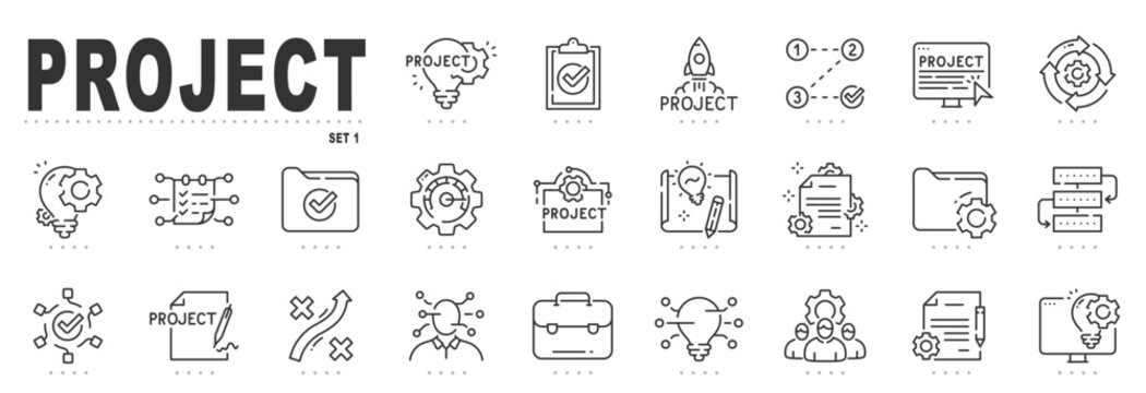 Set of project management related line icons. Report, plan, startup, gear, lightbulb etc. Editable stroke