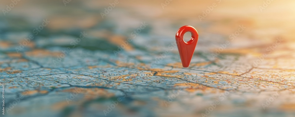 Poster a red location pin on a textured map, symbolizing navigation and travel in a vibrant setting.
