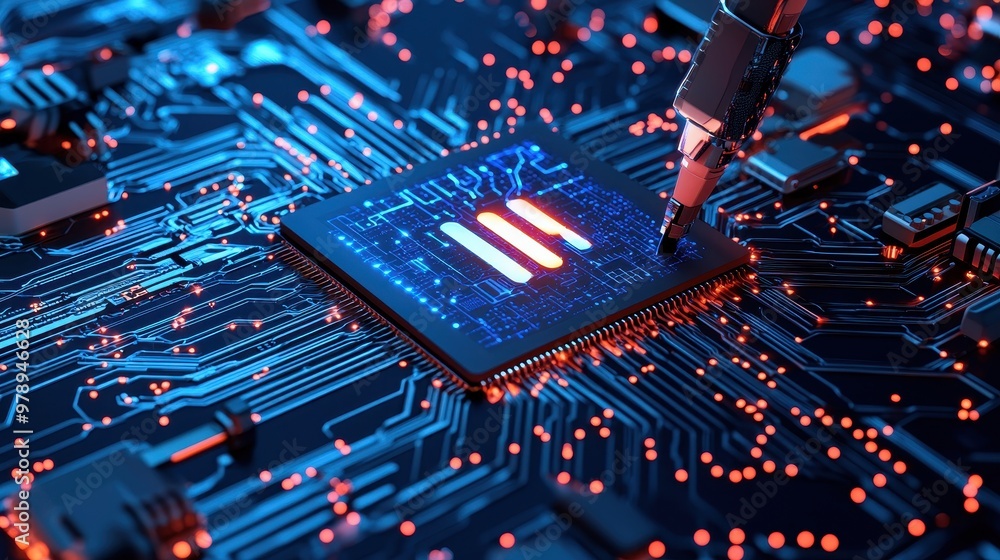 Poster robotic arm working on circuit board with luminous lines