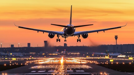 Airplane Landing on Runway at Sunset