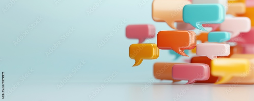 Poster colorful speech bubbles float in a light background, symbolizing communication and dialogue in a mod