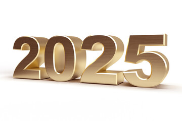 2025 happy new year.Gold metal of number. Luxury digit 3d golden and metallic with reflection on white background. For celebration, part, festival, anniversary 