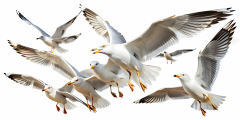 Obraz premium Set of seagulls flying isolated on white background, seagull, birds, flock, flying, wildlife, nature, isolated, white background, animals