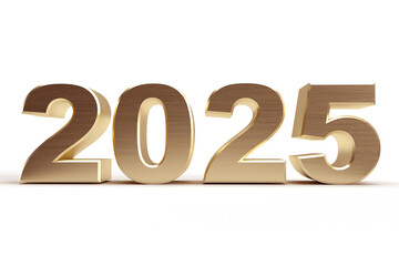 2025 happy new year.Gold metal of number. Luxury digit 3d golden and metallic with reflection on white background. For celebration, part, festival, anniversary 