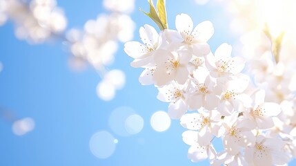 Fototapeta premium Delicate White Cherry Blossoms Against a Clear Blue Sky
