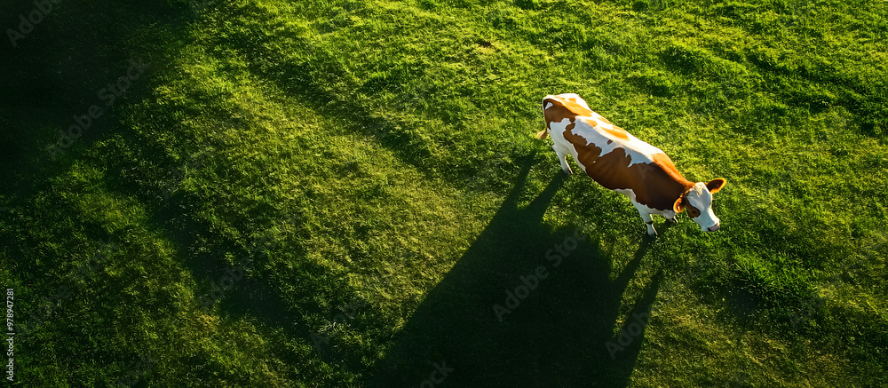 Poster high angle view of a white and brown cow with its shadow on a sunlit green field creating a serene c