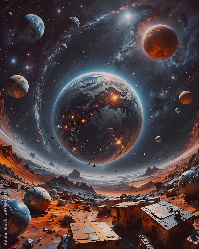 Poster fantasy space scene with planets, stars and nebula. 3d rendering