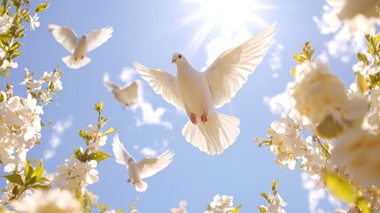 Obraz premium White Dove Flying Through Blossoming Tree Branches Against Blue Sky