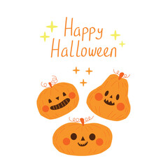 Halloween poster or card with pumpkins. Hand drawn calligraphy and cute halloween elements. Vector illustration in flat style