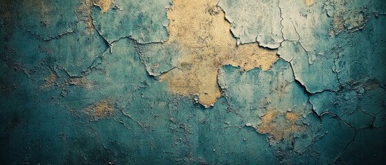 Distressed concrete wall with faded graffiti, subtle cracks and peeling paint layers, top view, evoking a raw, nostalgic feeling. Sci-fi tone, Tetradic Color Scheme