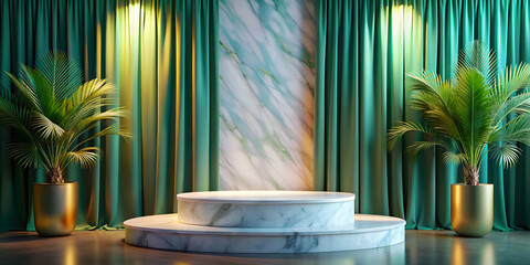 Luxurious tropical marble podium with colorful background and elegant curtains for product showcase, luxury, tropical