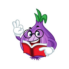 A cartoon onion wearing glasses reads a book and makes an OK sign with his hand.