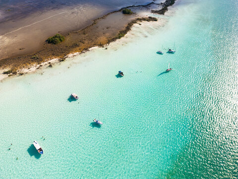 Aerial View of Boats at Canal de los Piratas, Pirates Channel, Bacalar Lagoon, Quintana Roo, Mexico