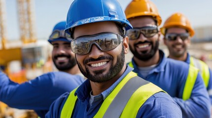 Obraz premium Construction Worker Wearing Hard Hat and Safety Glasses Smiling