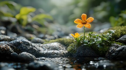 Single Yellow Wildflower by Stream