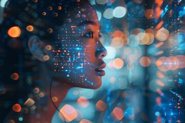 A futuristic scene showing a woman interacting with digital data and neon visuals, representing cybersecurity and data processing