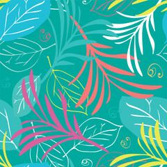 Seamless Tropical Pattern, Exotic Leaves in Pink and Green Colors, Exotic Floral Illustration for Wallpaper and Textile Design.